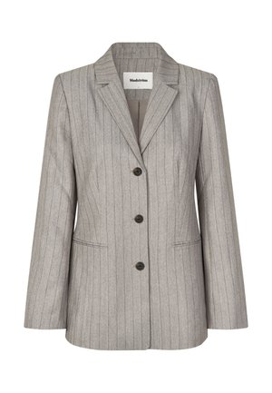 Grå stripete blazer med skrå lapel, tre fremre knapper og to sidelommer. Laget av strukturert stoff, skreddersydd passform.