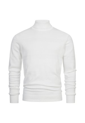 Witte coltrui met textuur in horizontale strepen, geribbelde manchetten en zoom. Het gebreide materiaal zorgt voor een zachte, gezellige uitstraling.