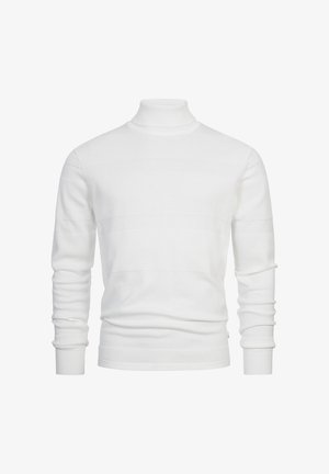 Valkoinen pooloneule, jossa on tekstuurisia vaakasuoria raidoja, ribattu huppu ja helma. Neulekangas antaa pehmeän ja mukavan ilmeen.