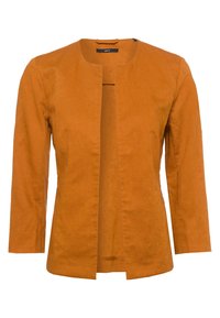Chaqueta de color naranja quemado, de frentes abiertos y mangas largas, hecha de lino. Presenta un diseño simple y texturizado, sin cierres ni adornos.