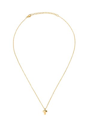Collier délicat en chaîne d'or avec un petit pendentif arrondi en forme de "T" et une fermoir mousqueton, sur fond blanc.