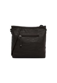 Černá kožená kabelka přes rameno s předním kapsou na zip a nastavitelným popruhem, na jednom boku s texturovaným vzorem.