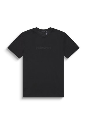 T-shirt noir à manches courtes en coton, avec un logo « MORATO » subtilement embossé sur le devant, un col rond et une coupe standard.