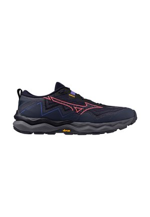 Black running shoes with a textured upper, red and purple accents, cushioned sole, and Vibram branding on the outsole.
