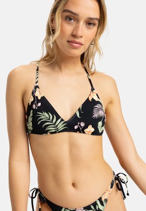Haut de bikini noir à motifs floraux avec un décolleté en V, présentant des motifs tropicaux verts et oranges. Bretelles ajustables et bords sans couture.