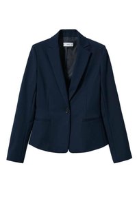 Blazer ajusté bleu marine en tissu lisse, doté d'une fermeture à un seul bouton, de revers crantés et de poches avant avec des détails de couture subtils.