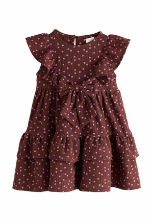 Braunes, strukturiertes Kleid für Mädchen mit rosa Polka-Dots, Flatterärmeln, einer Schleife vorne und einem mehrstufigen Rüschenrock.