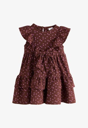 Smeđa haljina za djevojčice sa ružičastim točkicama, lepršavim rukavima, mašnom sprijeda i suknjom s volanima u slojevima.