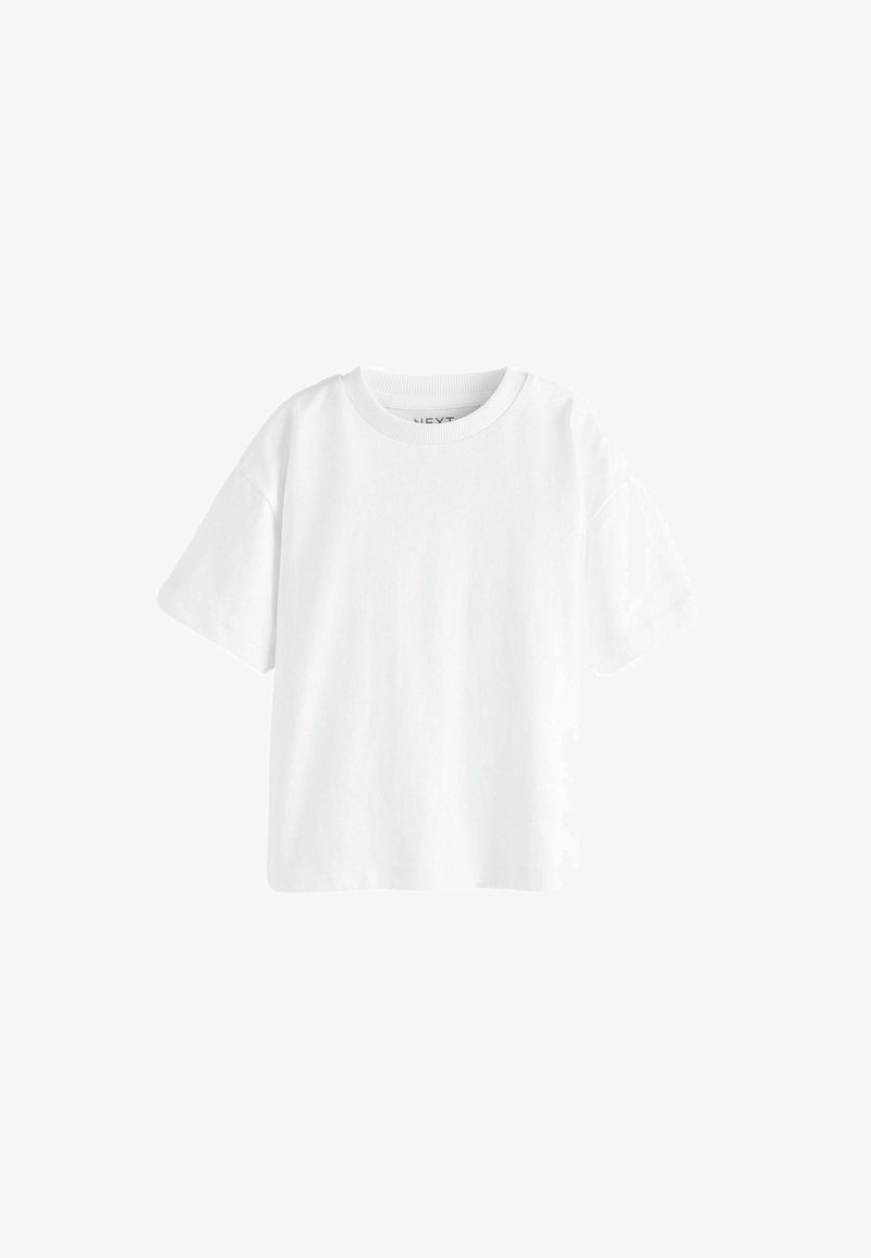 T-shirt bianca in cotone con collo rotondo e maniche corte, caratterizzata da una vestibilità morbida e una texture liscia. Nessun motivo o dettaglio visibile.