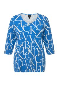 Blaues Kurzarmhemd mit auffälligem weißen Buchstabenprint. V-Ausschnitt-Design mit lockerem Schnitt und weichem, strukturiertem Stoff.