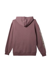 Hooded sweatshirt in dusty rose color, made of soft fabric; features a large back print and ribbed cuffs and hem.