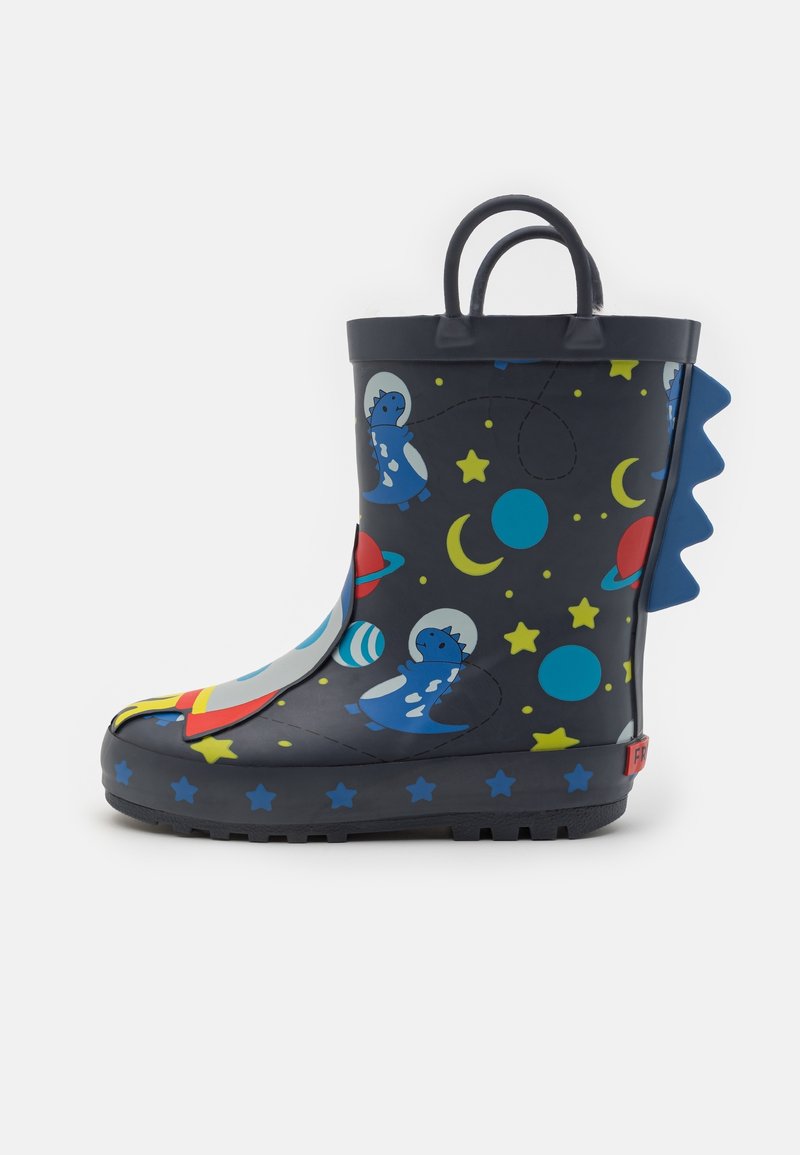 Rubber rain boot, navy with colorful space-themed patterns of rockets, planets, and dinosaurs; features a blue ruffled accent and a pull handle.