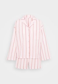 Rosa randig pyjamaset i lättviktsmaterial, med en knapp-up topp med bröstficka och matchande shorts.