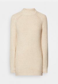 Maglione lavorato a maglia color crema con colletto alto, maniche lunghe a raglan, polsini e orlo a costine, caratterizzato da un motivo testurizzato a trama aperta.