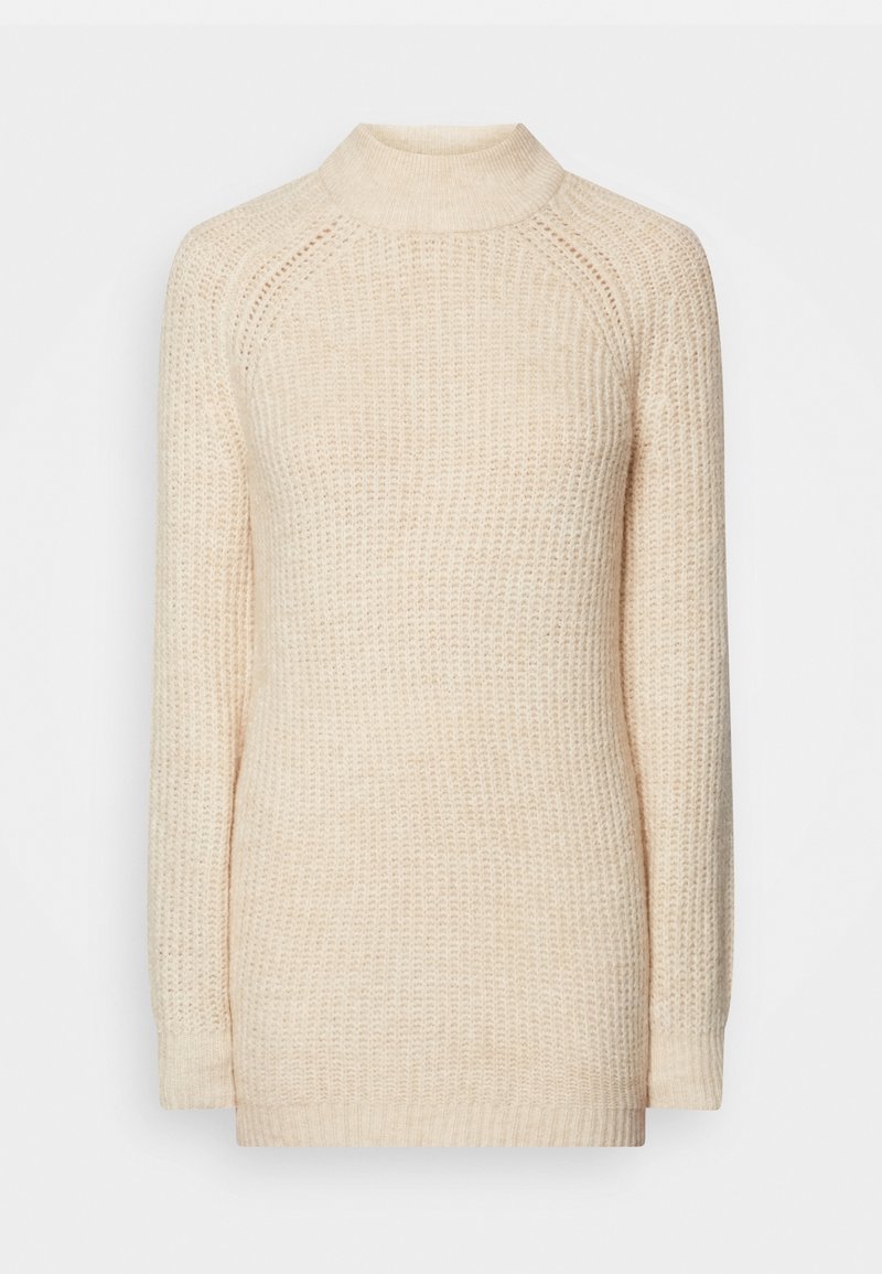 Maglione lavorato a maglia color crema con colletto alto, maniche lunghe a raglan, polsini e orlo a costine, caratterizzato da un motivo testurizzato a trama aperta.