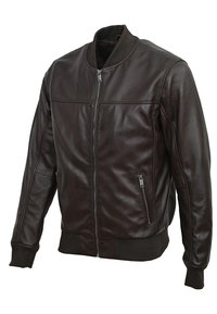 Giacca bomber in pelle marrone con zip frontale, polsini e orlo a costine, tasche laterali e una consistenza liscia.