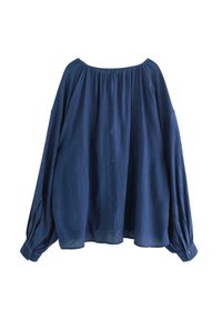 Mörkblå långärmad blus i texturerad tyg, med ruggad halsringning och överdimensionerade ärmar, som har knäppta manschetter och en avslappnad passform.