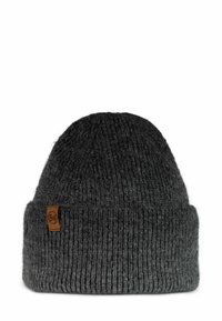 Dunkelgraue Strickmütze mit gerippter Textur und umgeschlagenem Rand. Auf der Seite befindet sich ein kleines braunes Lederlogo-Patch.