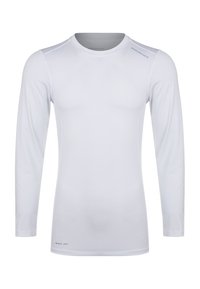 Langere mouwen witte sportshirt gemaakt van lichtgewicht, sneldrogend materiaal met platte naden en een ronde halslijn. Heeft de tekst 'SNEL DROGEN' op de zoom.