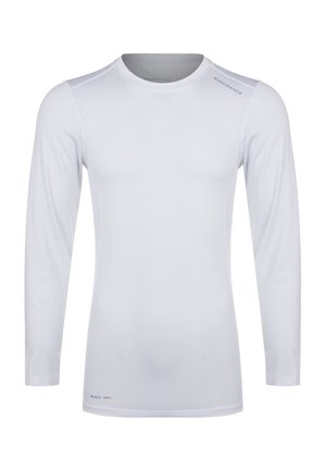 Long-sleeve white athletic shirt made of lightweight, quick-dry fabric with flat seams and a round neckline. Features 'QUICK DRY' text on hem.