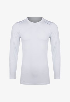 Long-sleeve white athletic shirt made of lightweight, quick-dry fabric with flat seams and a round neckline. Features 'QUICK DRY' text on hem.
