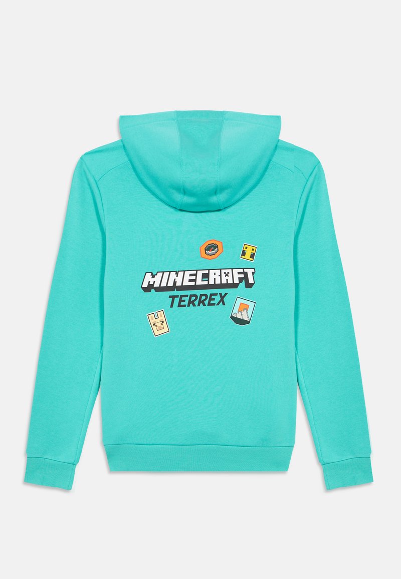 Türkiser Hoodie mit Minecraft Terrex Logo und vier Spiel-Patches im Pixel-Stil auf der Rückseite, flach ausgelegt mit hochgestellter Kapuze.