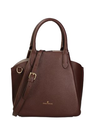 Bruine leren handtas met een textuuroppervlak, dubbele handvatten bovenaan, een afneembare schouderband en gouden hardware-accenten. Het logo van de fabrikant is zichtbaar.