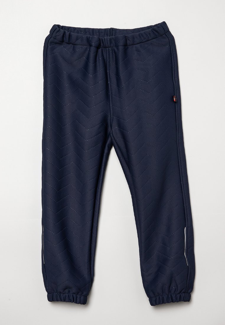 Pantaloni jogger trapuntati blu navy con vita e polsini elasticizzati, dotati di cuciture a zigzag e piccole strisce riflettenti sui lati.