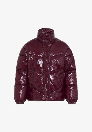 Burgundy puffer jacket with a glossy finish, high collar, quilted sections, and front snap closures. Features long sleeves and side pockets.
