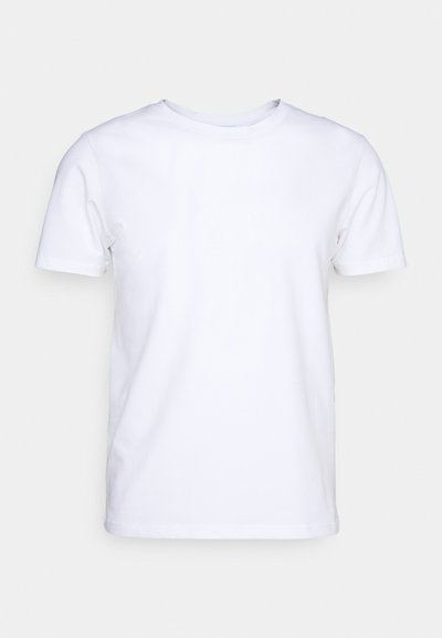 T-shirt bianca a maniche corte in cotone con scollatura rotonda. Design semplice senza fantasie o accenti. Texture liscia.