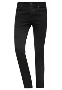 Smal passform svarta jeans med framknapp och blixtlås, bältesöglor och fem fickor.