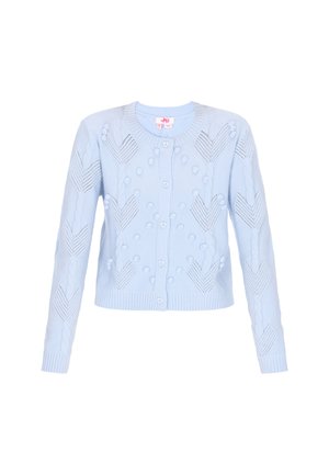 Světlomodrý pletený cardigan s kulatým výstřihem, zapínáním na knoflíky, texturovanými vzory a načechranými boblinkami po celé tkanině.