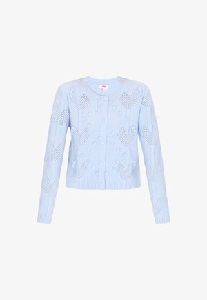 Cardigan tricotat de culoare albastru deschis, cu guler rotund, închidere cu nasturi, modele texturate și bobine pufoase dispersate pe întreaga țesătură.