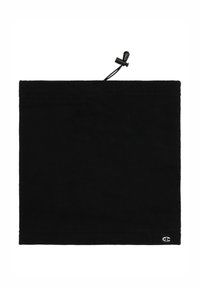 Pañuelo para el cuello de forro polar negro con cierre ajustable en la parte superior. Cuenta con un pequeño logo en la esquina inferior derecha. Textura suave y forma rectangular.