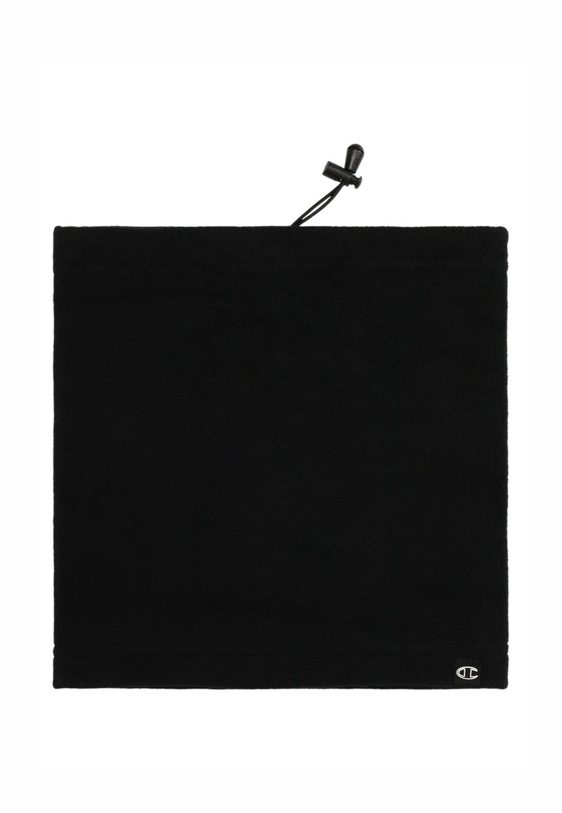 Pañuelo para el cuello de forro polar negro con cierre ajustable en la parte superior. Cuenta con un pequeño logo en la esquina inferior derecha. Textura suave y forma rectangular.