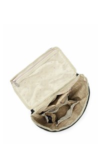 Kosmetická taštička na zip z krémové látky, vybavená síťovanou kapsou a květinovým vnitřkem s několika přihrádkami pro organizaci.