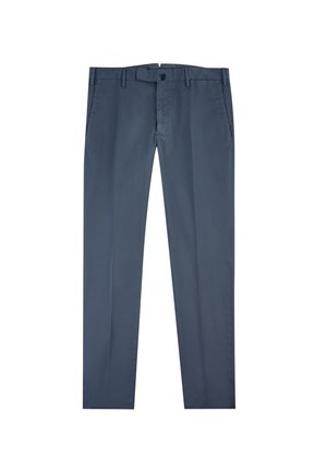 Pantalon droit bleu marine en tissu lisse. Doté de poches latérales, d'une fermeture à bouton devant et de plis subtils.