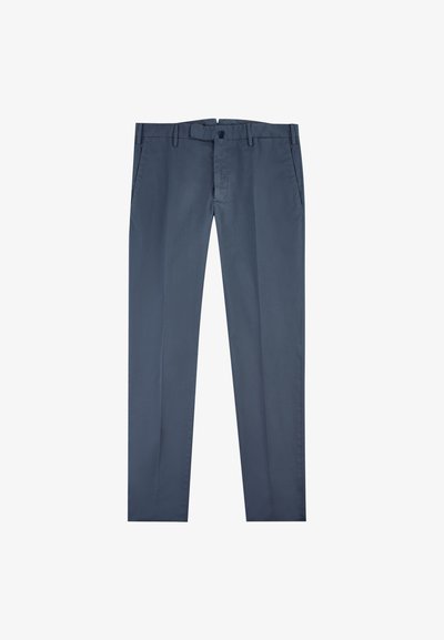 Hosen in Marineblau mit geradem Bein aus glattem Stoff. Mit seitlichen Taschen, einem vorderen Knopfverschluss und subtilen Bügelfalten.