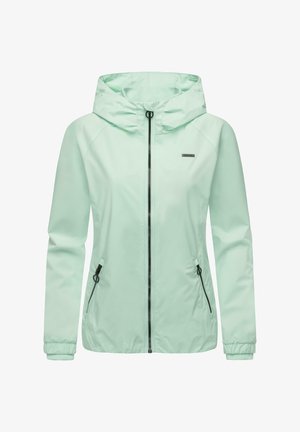 Lys myntgrønn vanntett jakke med hette, glidelåslukking og justerbare snorer. Har to glidelåslommer på sidene og elastiske mansjetter.