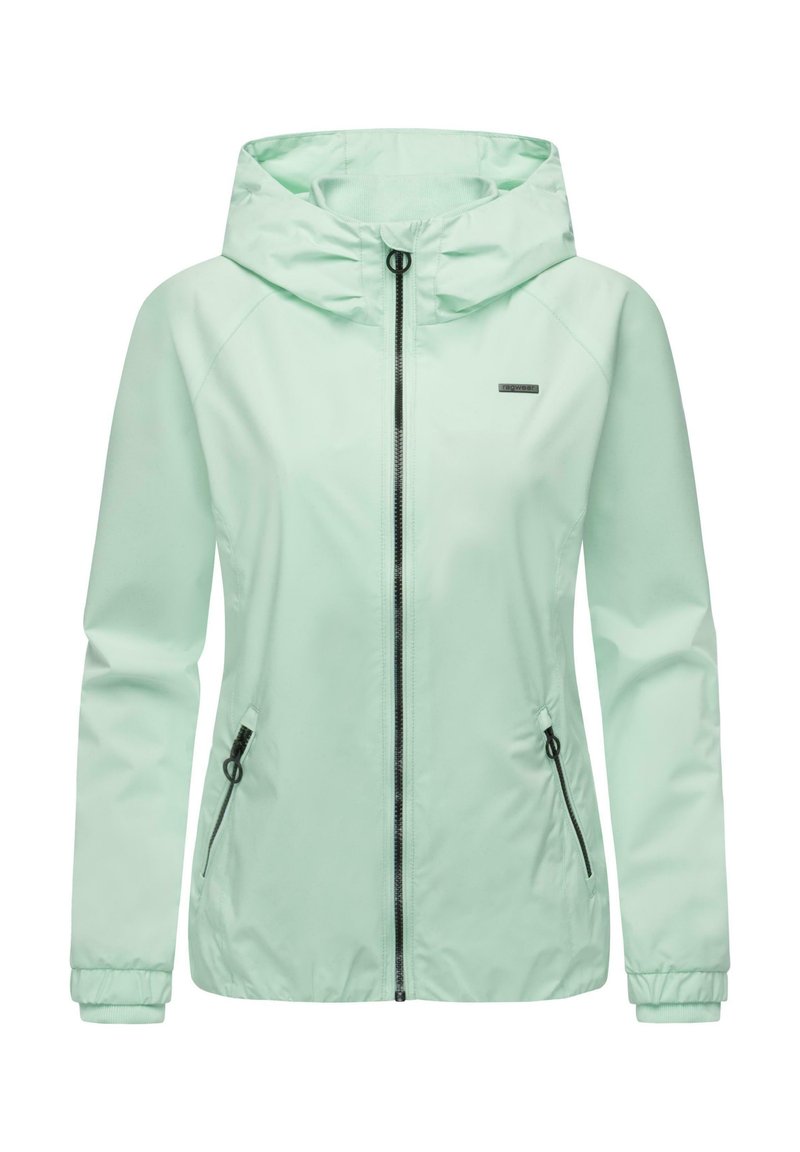 Lys myntgrønn vanntett jakke med hette, glidelåslukking og justerbare snorer. Har to glidelåslommer på sidene og elastiske mansjetter.