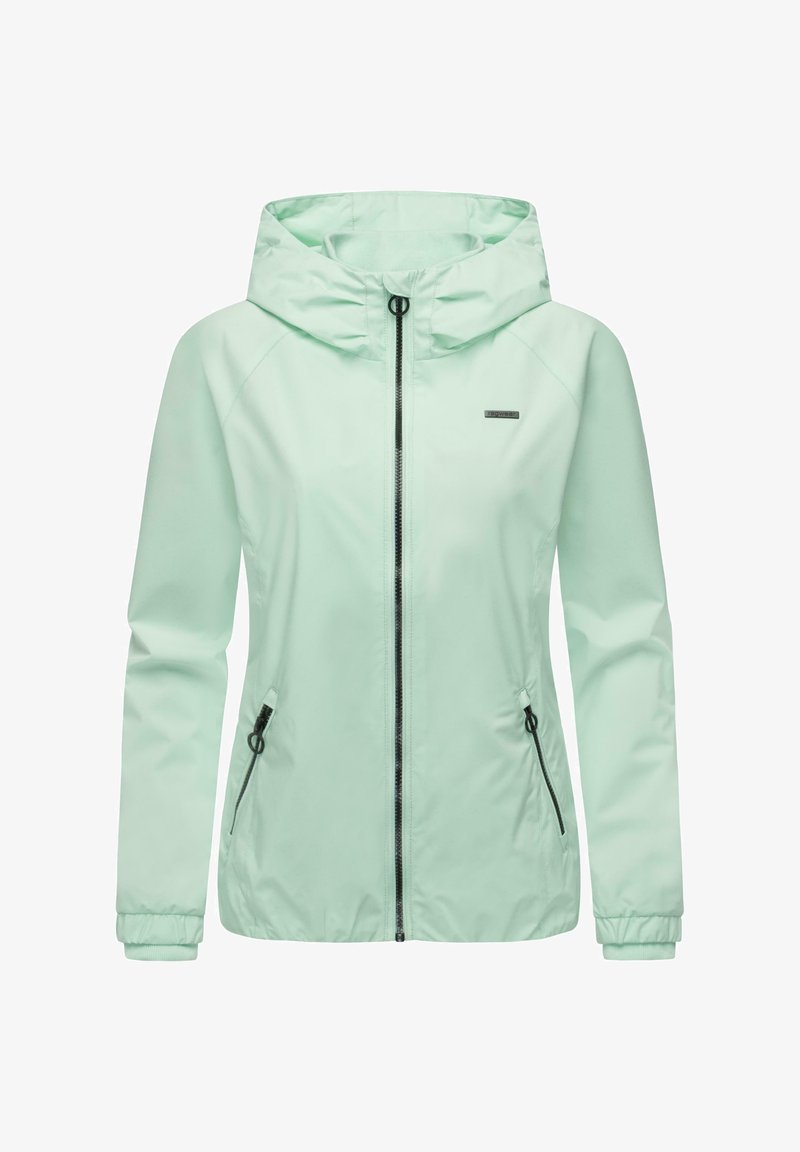 Lys myntgrønn vanntett jakke med hette, glidelåslukking og justerbare snorer. Har to glidelåslommer på sidene og elastiske mansjetter.