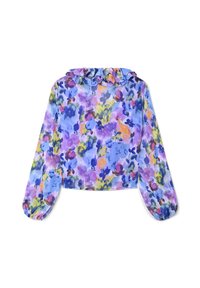 Blusa floreale in tessuto leggero e trasparente con scollatura arricciata. Presenta un mix di motivi floreali in viola, blu, giallo e verde. Maniche lunghe.