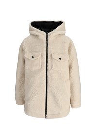 Kurtka polarowa w kolorze kremowym z kapturem, czarnym zapięciem, dwoma przednimi kieszeniami z klapkami, teksturowanym materiałem oraz krótkim krojem.