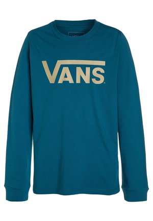 T-shirt à manches longues couleur sarcelle avec col rond et logo Vans beige imprimé sur la poitrine.