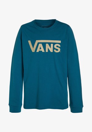 Camiseta de manga larga color verde azulado con cuello redondo y logo Vans beige impreso en el pecho.