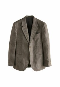 Gray striped blazer with vertical lines, notch lapels, single button closure, two front pockets, and a chest pocket. Textured fabric finish.