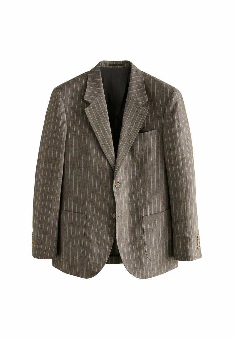 Grau gestreifter Blazer mit vertikalen Linien, Reverskragen, einfacher Knopfschluss, zwei vordereren Taschen und einer Brusttasche. Strukturierte Stoffoberfläche.