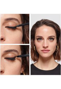 Woman applying black eyeliner on upper eyelid with brush and pencil, and her face with completed eye makeup visible.