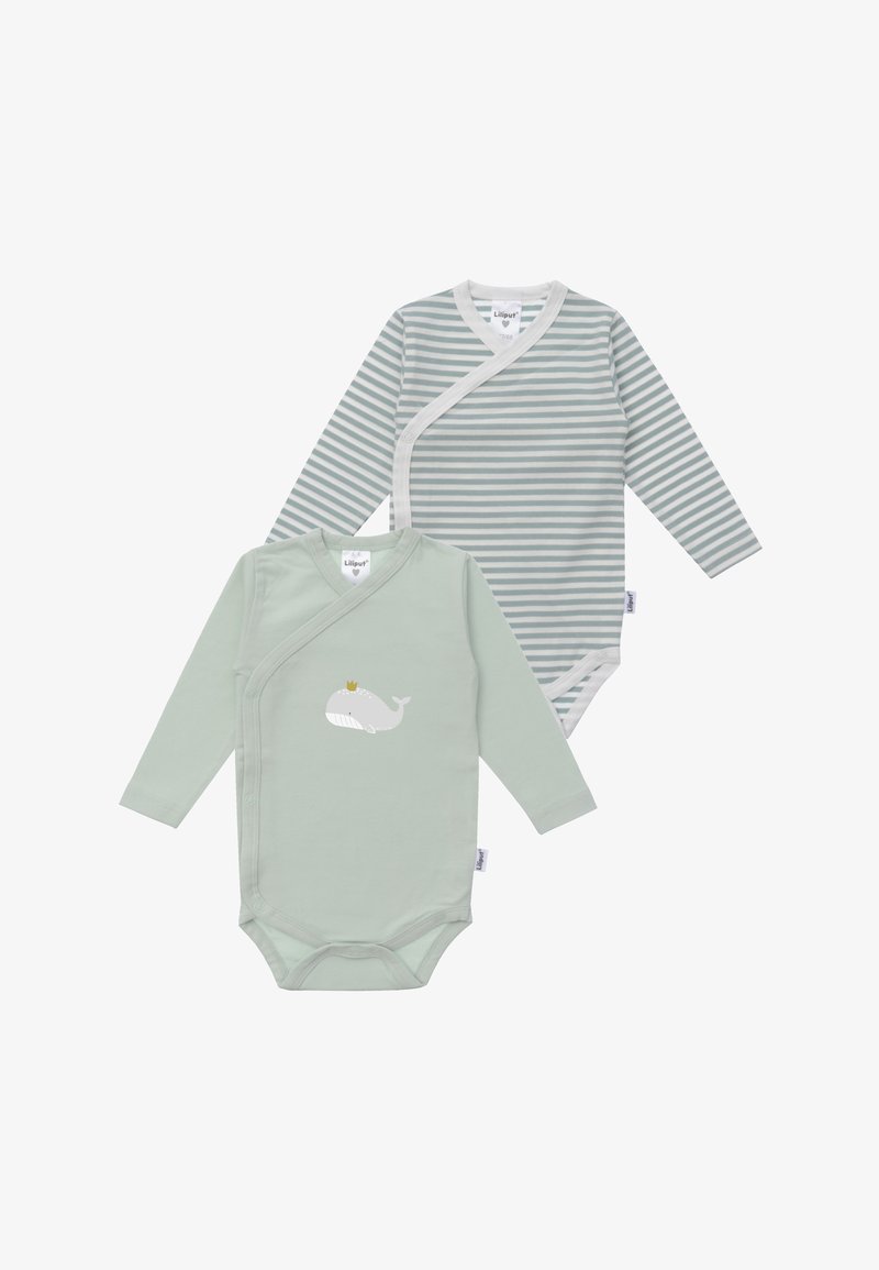 Two baby bodysuits: one in light green with a whale print and crown, the other in light grey stripes, made of soft cotton with snap closures.