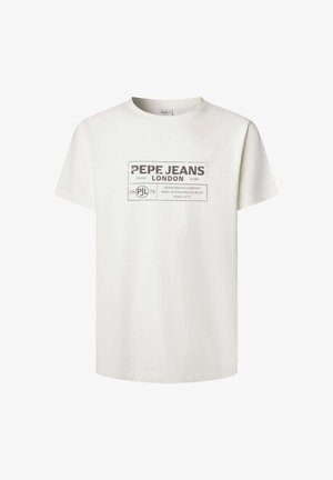 Valge puuvillane t-särk, millel on halli värvi trükitud ristkülikukujuline logo, millel on tekst "Pepe Jeans London". Särgil on ribast kaelus ja lühikesed varrukad.